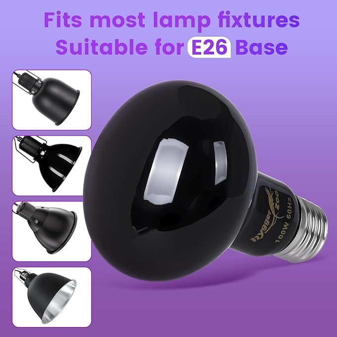 100W Reptile Night Light Bulb – 2-Pack Moonlight Purple Glow, Gentle Heat & UVA for Nocturnal Basking, E26 Base, Perfect for Bearded Dragon, Lizard, Turtle, Chicken