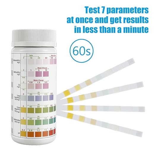 100Pcs Aquarium Test Strips 7 in 1 Fish Tank Test Kit Freshwater Saltwater Aquarium Water pH Test Strips Kit for Total Hardness Nitrate Nitrite Free Chlorine Carbonate pH Value Total Alkali