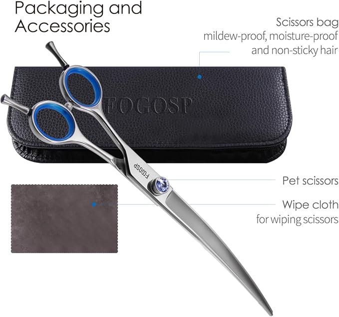 Left Handed Curved Dog Grooming Scissors 7.5 inch Professional Curved Shears Grooming for Poodle Large Dogs Pet 30 Degree Japanese 440C Super Sharp (7.5 curved)