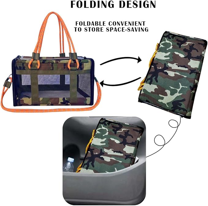 Airline Approved Pet Carrier for Small Dogs & Cats Soft-Sided, TSA Approved, Under Seat Travel & Gym Bag, Fits Pets Up to 20 lbs Includes Leash, Camo & Orange, Lightweight & Portable (Camo Orange)
