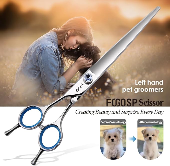 Straight Left Handed Dog Grooming Scissors 7.0'' Professional Dog Shears for Grooming for Pet Cat Japan 440C Dog Scissors for Small Dogs Super Sharp (7.0'' Straight)