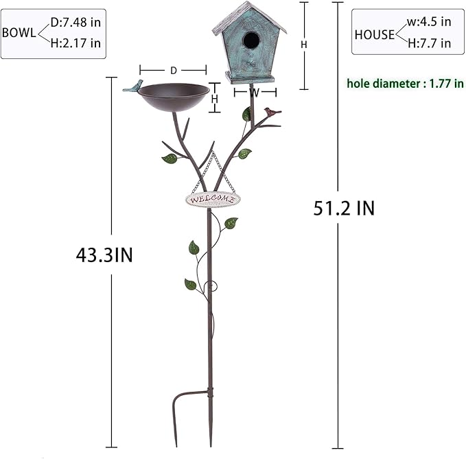 Bird Baths and BirdHouses with Pole, Distressed Metal Bird Bath Bowl and Birdhouse Stake for Outdoor Garden Yard Decoration (Bird Baths/BirdHouses-D)
