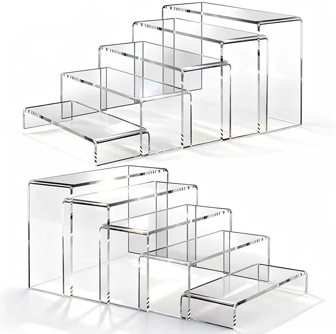 10 Pcs (2 Sets) Large Acrylic Risers 5 Sizes(7" L~9" L) Riser Display Shelf Cupcake Stand Display Cabinet Clear Rectangular Display Stands Set