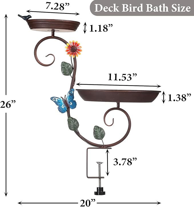 Deck Bird Bath, Metal Birdbath and Feeder for Balcony Railing, Decorative Deck Mounted Bird Baths, Outdoor Birdbath Feeders with Adjustable Heavy Duty Clamp for Patio Porch Garden