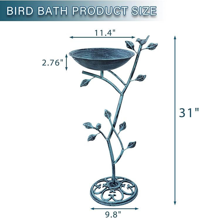 11.4" W x 31" H Cast Iron Pedestal Bird Bath, Birdbaths for Outdoors,Bird Bath for Outside,Vintage Metal Bird Bath Garden Yard Decor