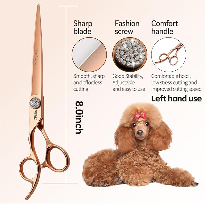 8'' Professional Left Handed Dog Grooming Scissors Straight Long Large Grooming Shears for Dogs Pet Rose Gold Titanium Japan 440C Right Handed Dog Hair Cutting Scissors for Poodle(8,Straight)