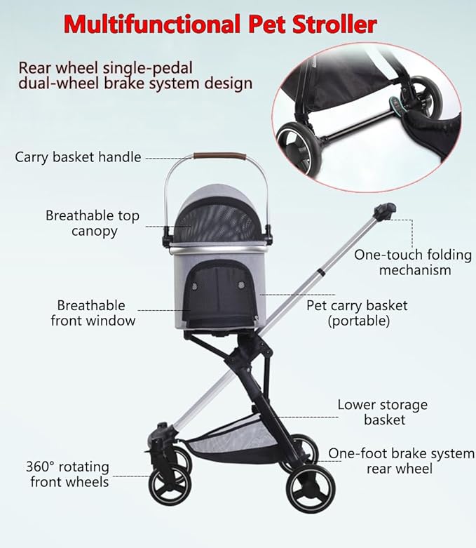 Pet Stroller for Small Medium Dogs Cats, Lightweight Foldable Ventilated Dog Cat Cart, Detachble Portable Pet Bag, Storage Basket, Car Seat 3 in 1 Multifunctional, Max Load 33 lbs (Pink)