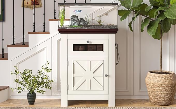 10-15 Gallon Fish Tank Stand with Power Outlets, 198LBS Farmhouse Wood Aquarium Stand Furniture with Storage Cabinet and Drawer, Reptile Turtle Tank, Beige Brown