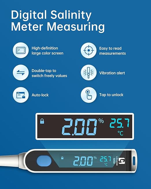 Digital Salinity Meter, Platinum Electrode & Concave Surface for Lab-Grade Accuracy, Auto-Measured Salt Content Tester, Rapid Test for Aquarium/Saltwater/Salty Food, Range: 50ppt/1.000〜1.045