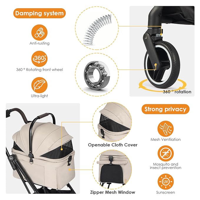 X2 Pet Stroller, Dog Cat Stroller for Small Pets Under 44lbs, Equipped with Detachable & Foldable Carrier, Waterproof Pad & Sunshade Canopy,Camel (Camel)