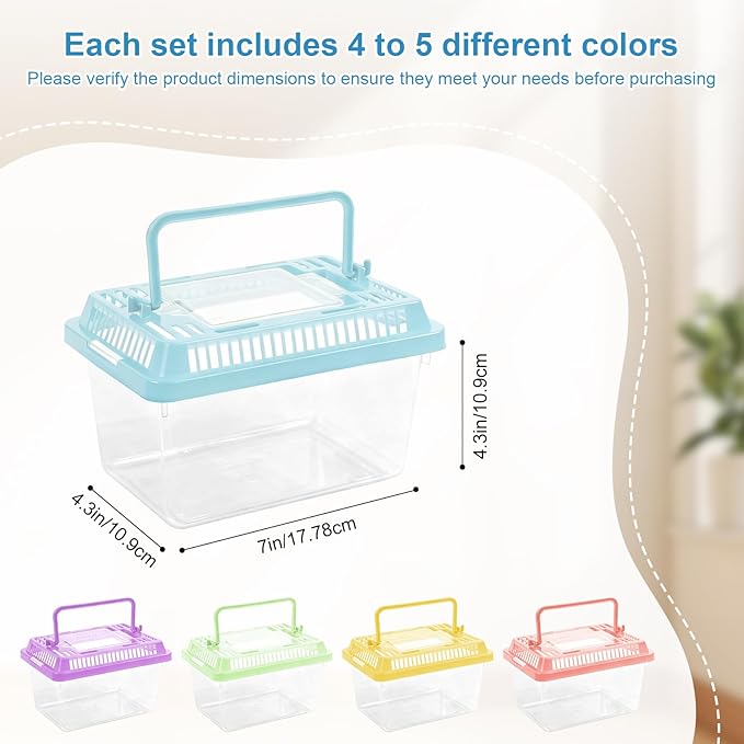 10 Pack Small Plastic Reptile Carrier, Tarantula Enclosure Breeding Box with Handle and Ventilation Lid, for Spider Lizard Turtle Hermit Crab Fish, 7 x 4.3 x 4.3 Inch, Multi-Color