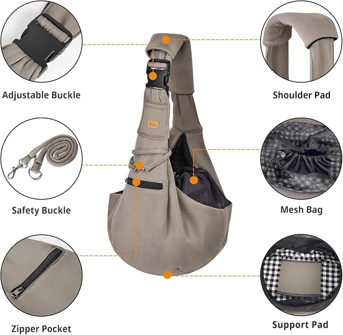 CUBY Dog and Cat Sling Carrier - Hands Free Reversible Pet Papoose Bag - Soft Pouch and Tote Design - Suitable for Puppy, Small Dogs Cats Outdoor (Khaki Senior, Adjust Strap 2.0)…