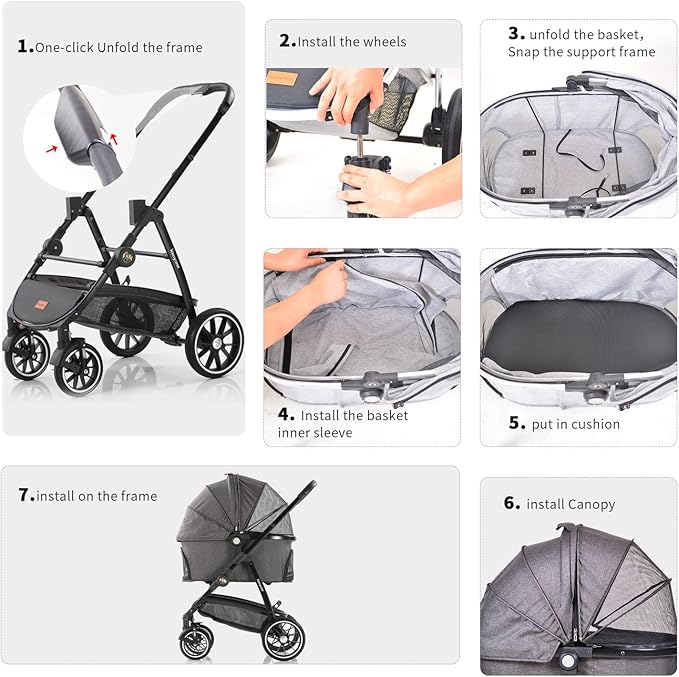 Kenyone Pet Stroller 3 in 1 Dog Stroller for Medium Small Size Dogs, Large Cat Stroller with Detachable Carrier for Puppies, Doggies, Kitties, Bunnies (C510 Black)