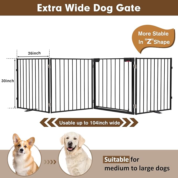 104" Extra Wide Dog Gate, Heavy Duty Metal Freestanding Dog Gate with Door for Indoor & Outdoor, Foldable Pet Fence for Doorways,House,Porch,Deck,Yard,Stairs, Auto Close(4 Panels,Black)