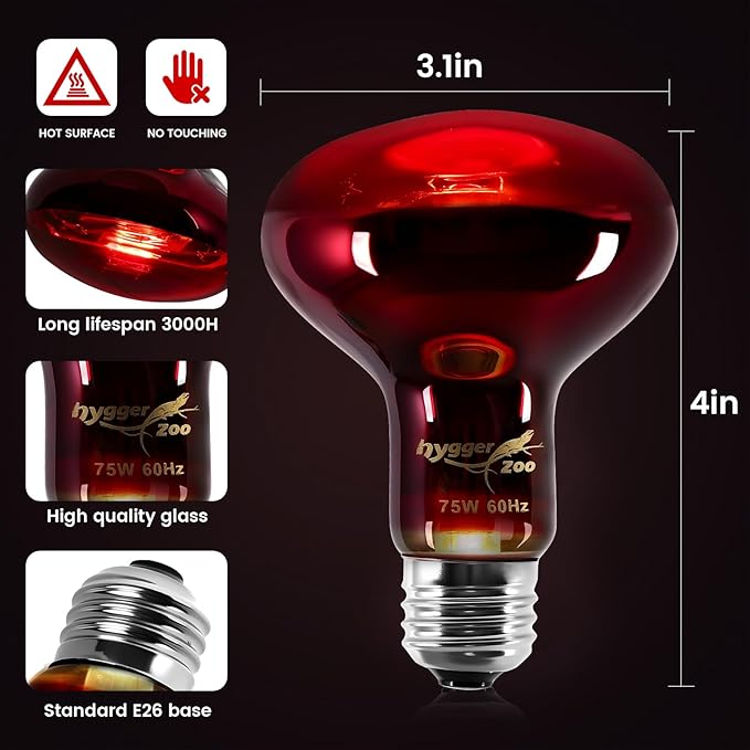 100W Infrared Heat Lamp Bulbs – 2-Pack Red IR Basking Light for Reptile & Amphibian, Silent Night-Time Heating, E26 Base, Bearded Dragon,Lizard,Turtle,Chicken