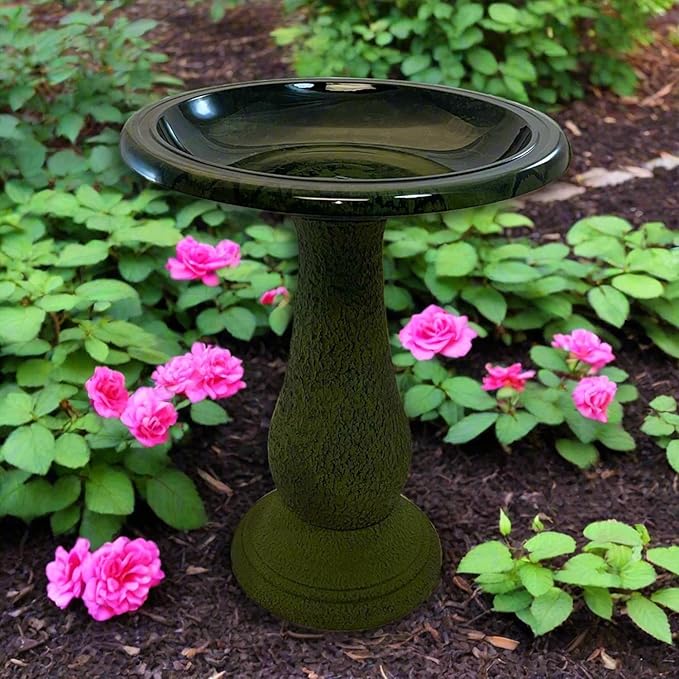 Birdbath for Outdoors - 24"x19" Green Fiber Clay Bird Bath Bowl and Stand, Easy Assembly UV-Resistant Bird Baths for Outside, Outdoor Decor Pedestal Birdbaths, Garden Decor for Outside