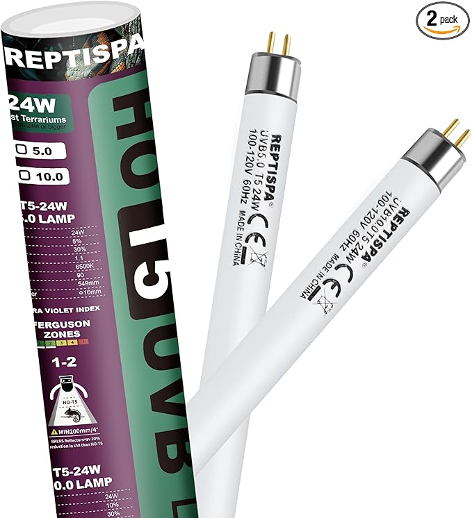 10.0 UVB Light for Reptiles, T5 HO 24 Watt Reptile Lamp Tube, Pack of 2 Fluorescent UVB Bulb, Basking Light for Bearded Dragon, Simulate Natural Sunlight for Reptiles and Amphibians