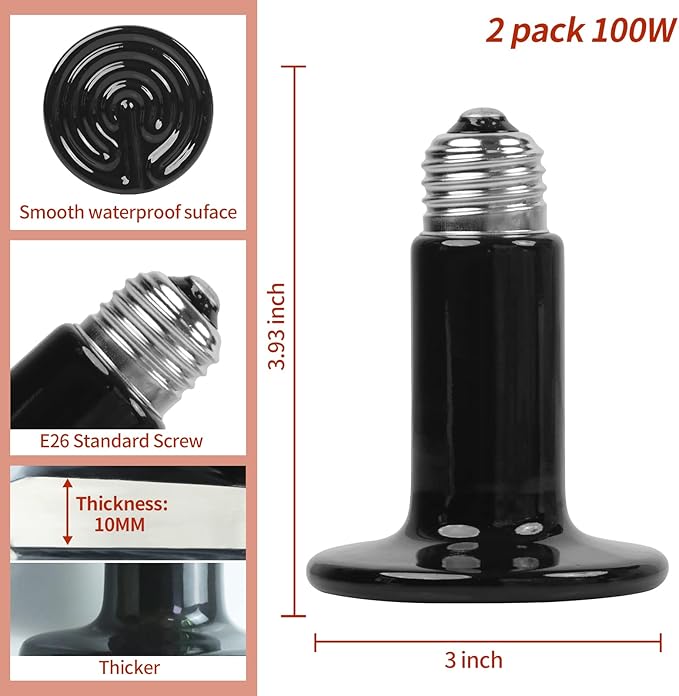 100W Ceramic Heat Emitter (2 Pack), Reptile Heat Lamp Bulbs, Ceramic Heater for Amphibian, Pet Brooder Coop, Chicken, Dog, Cat