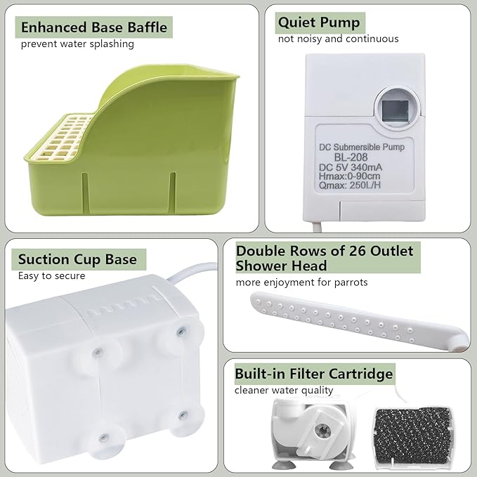 kathson Parrot Bathtub, Automatic Bird Bath Indoor,Parakeet Shower Fountain,Parrot Bath Tub for Pet Birds, Cockatiel, Conure, Budgie, Lovebird, African Grey, Finches (Green)