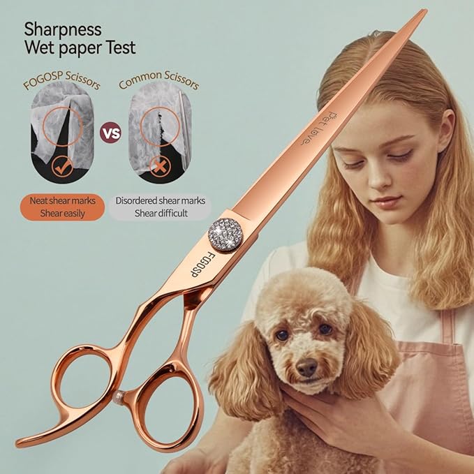 8'' Professional Left Handed Dog Grooming Scissors Straight Long Large Grooming Shears for Dogs Pet Rose Gold Titanium Japan 440C Right Handed Dog Hair Cutting Scissors for Poodle(8,Straight)