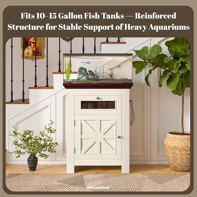 10-15 Gallon Fish Tank Stand with Power Outlets, Aquarium Table with Storage Cabinet & Drawer, 198LBS Capacity Terrarium Stand with USB Ports (Beige + Brown)