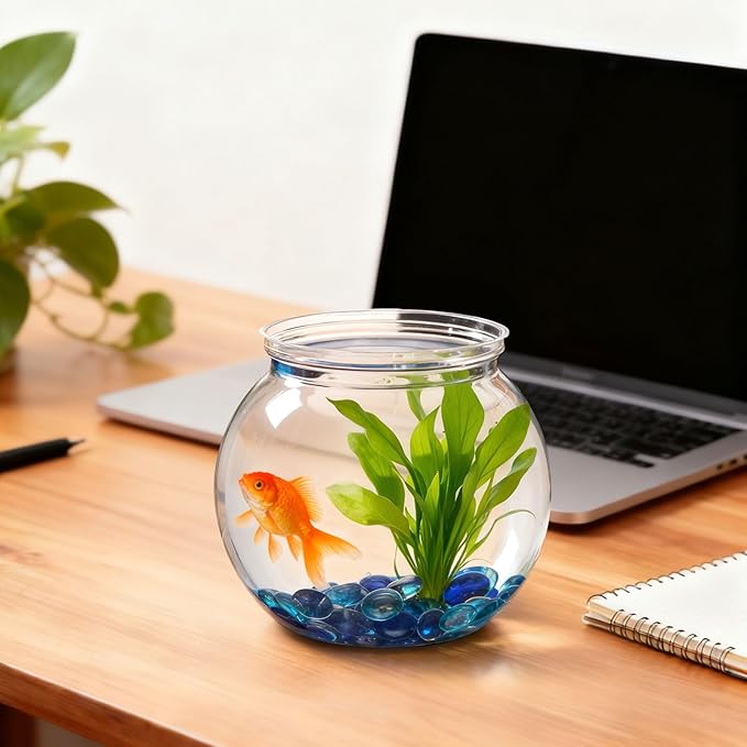 12 Pcs Mini Plastic Fish Bowl 27 oz with 900 Pcs Mixed Flat Glass Marbles Plastic Aquarium Starter Kits Fish Tank Decor for Home Tabletop Office Desk Pet Tanks Decoration