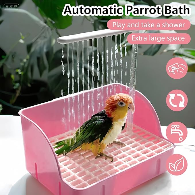 kathson Parrot Bathtub, Automatic Bird Bath Indoor,Parakeet Shower Fountain,Parrot Bath Tub for Pet Birds, Cockatiel, Conure, Budgie, Lovebird, African Grey, Finches (Pink)