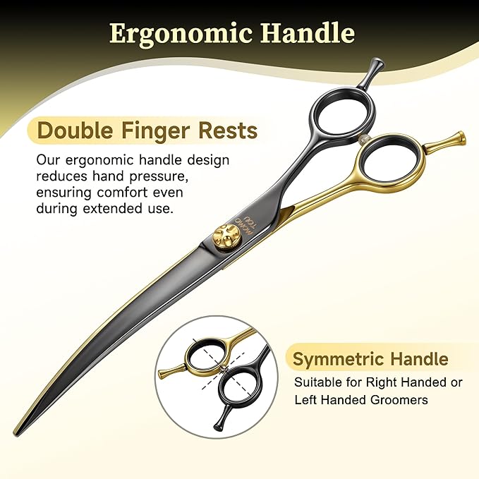 7.5'' Curved Dog Grooming Scissors CNC 440C Blades Sharp and Durable Dog Shears Black and Gold Dog Scissors Smooth Cutting Easy to Use for Professional Groomer