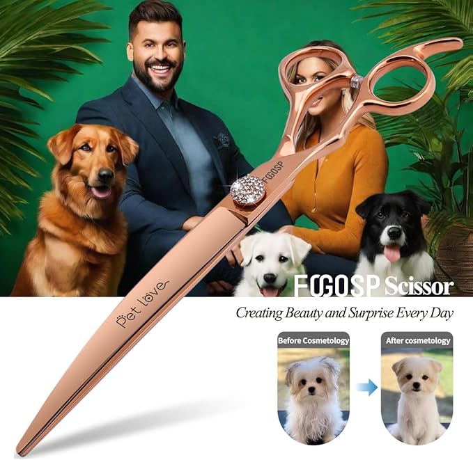 Professional Left Handed Curved Dog Grooming Scissors 8'' Downward 30° Rose Gold Titanium Japan 440C Pet Grooming Trimming Shears for Large Dog Poodle(8,Curved)