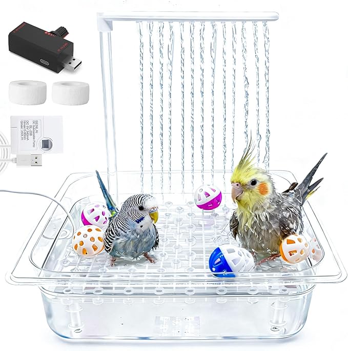 kathson Automatic Parrot Bathtub with Pump,Large Bird Bath Shower with Water Pressure Controller and USB Electric Water Cycle,Parakeet Bath Tub for Cockatiel,Cockatoo,Lovebird,Conure,Budgie