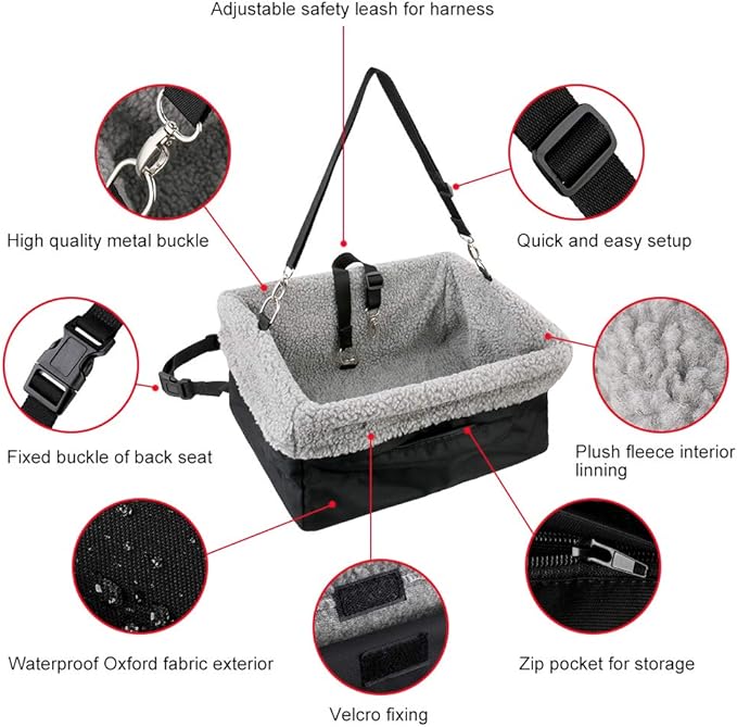 Deluxe Dog Car Seat Fits Pets up to 15lbs, Dog Booster Seat, Padded Cushioning, Adjustable Straps, Metal Frame Encasing, Installs in Seconds, Collapsible Canvas and Easy to Clean