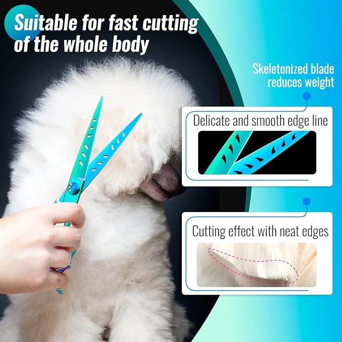 Dog Grooming Scissors: 7" Straight Pet Shears Skeletonized blade Made Of Japanese 440C for Trimming Dogs Cats and Other Pets Green (Straight G, 7")