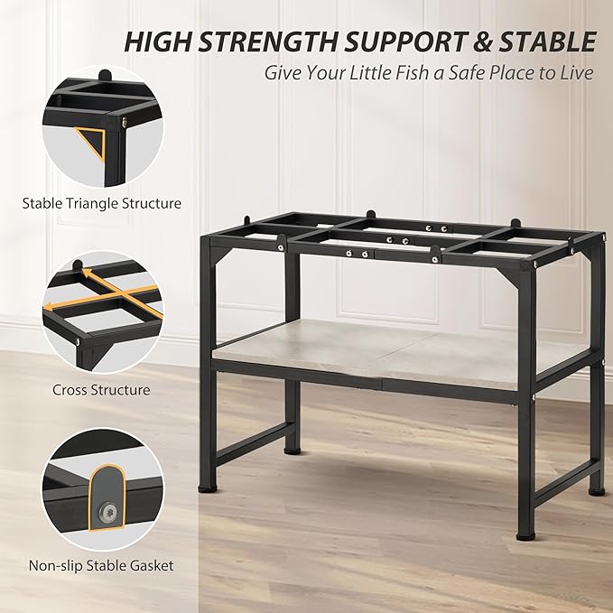 10-20 Gallon Fish Tank Stand, Metal Aquarium Stand with Adjustable Non-Slip Foot and Wooden Shelf, Reptile Tank Stand Easy to Assemble for Home Office, Firm and Steady(Tank not Included)