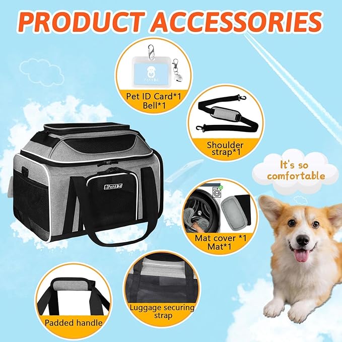 Petskd Top-Expandable Pet Carrier 18x11x11 Inches Delta American United Airline Approved, Soft-Sided Carrier for Small Cats and Dogs with Locking Safety Zippers and Anti-Scratch Mesh(Grey)