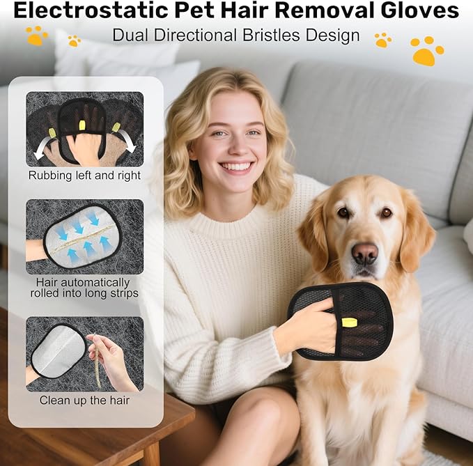 2 Pack Pet Hair Removal Glove for Dogs, Reusable Electrostatic Gloves Brush for Pet Hair Removal Grooming, Pet Hair Remover Glove Tool for Clothing, Couch, Carpet, Car Seats,Furniture
