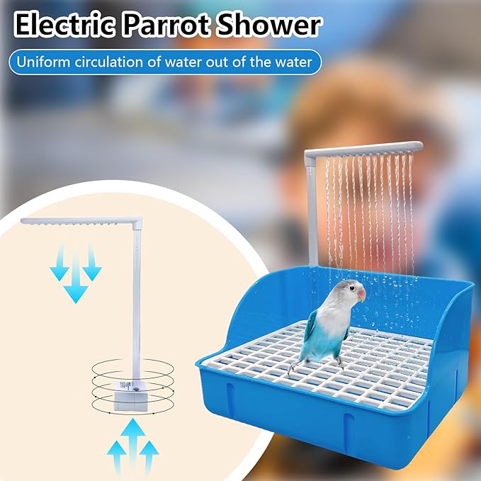 kathson Automatic Parrot Bathtub with Pump, Large Bird Shower Fountain, Parakeet Bath Tub for Medium Birds,Cockatiel,Cockatoo,Lovebird,African Grey,Conure, Budgie (Blue)