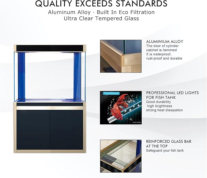 100 Gallon Glass Aquarium with Aluminum Cabinet - Including Sump for Filtration and Circulation, Plumbing, LED, Black with Gold Trim