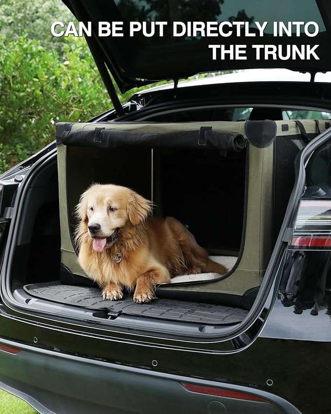 36 Inch Collapsible Travel Dog Crate for Medium Large Dogs, Portable Dog Crate 4-Door Foldable Soft Kennel with Durable Mesh Windows for Indoor & Outdoor Travel, with Storage Bag,Green
