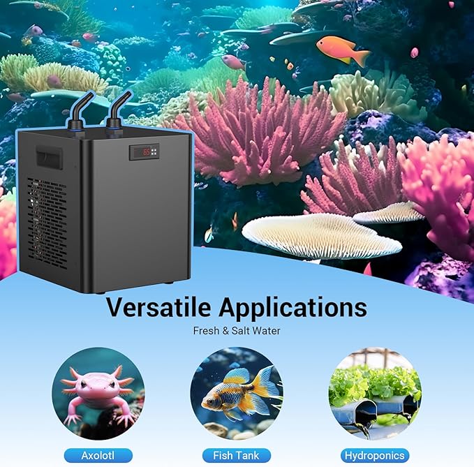 1/3 Hp Aquarium Chiller, 79 Gal Water Chiller Machine, Fresh & Salt Fish Tank Chiller for Axolotl Jellyfish Coral Reef, Hydroponic Water Chiller with Water Pump and Quiet Design Compressor