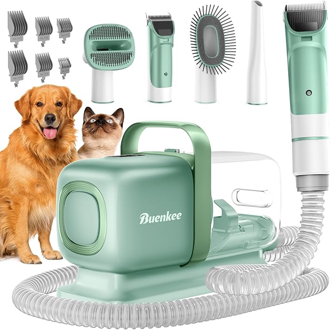 Dog Grooming Kit with Vacuum, All-in-One Pet Grooming Vacuum for Dogs and Cats, Low Noise Pet Hair Clipper & Shedding Brush, Dog Hair Remover, Cat Pet Groomer Set with Cleaning Brushes, Green
