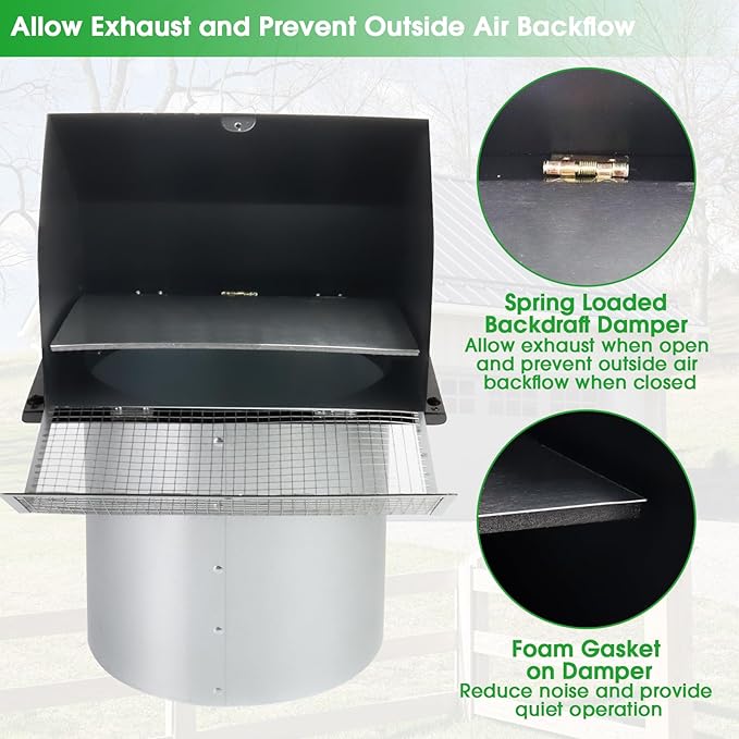 10 Inch Hooded Wall Vent with Screen and Damper,Outdoor Wall Exhaust Vent Cover Cap for Kitchen Range Hood HVAC Duct Dryer Ventilation&Outside Exterior Mount,Galvanized Steel,Black