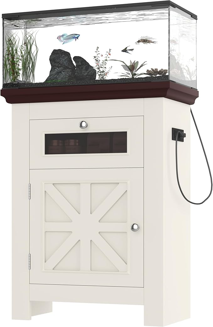 10-15 Gallon Fish Tank Stand, Aquarium Stand with Power Outlets, 198LBS Capacity, Fish Tank Table with Storage Cabinet and Drawer, Aquarium Table for Reptile Terrarium Stand, Beige Brown