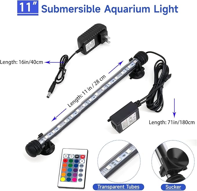 11inch RGB Aquarium Lights, Underwater Fish Tank Lights IP68 Waterproof Color Changing Adjustable Memory Submersible Remote Control Aquarium Tank Sucker Hood Strip Lamp Waterfall Lights