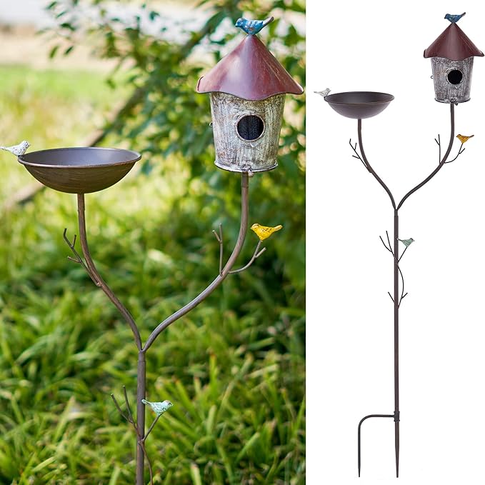 Bird Baths and BirdHouses with Pole, Distressed Metal Bird Bath Bowl and Birdhouse Stake for Outdoor Garden Yard Decoration (Bird Baths/BirdHouses-A)