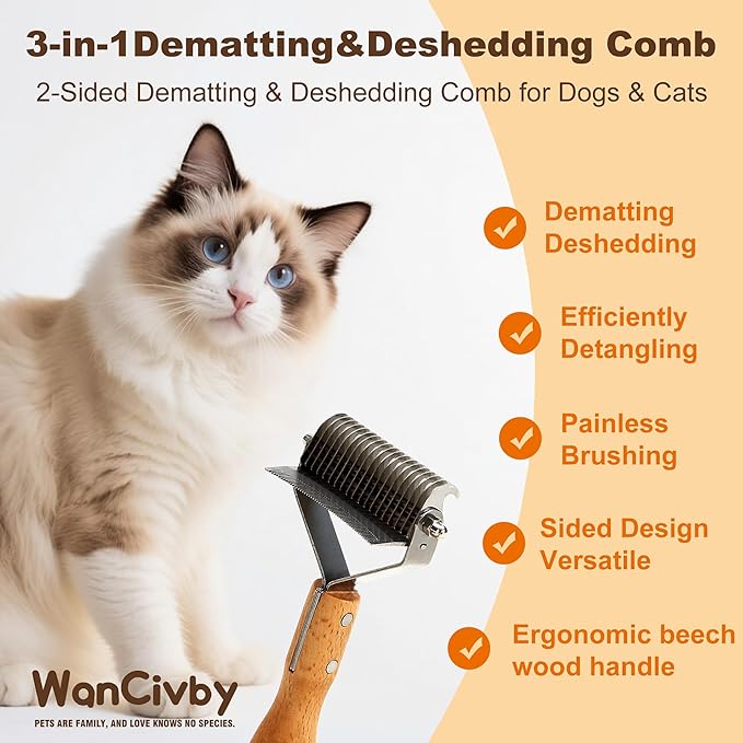 Undercoat Rake Dog Brush Dematting Comb cat shedding tool Dematting Tool Pet Brush Efficiently Detangle and Groom Coats for Large Medium Small Dogs and Cats Comb for Grooming Premium Wood Handle