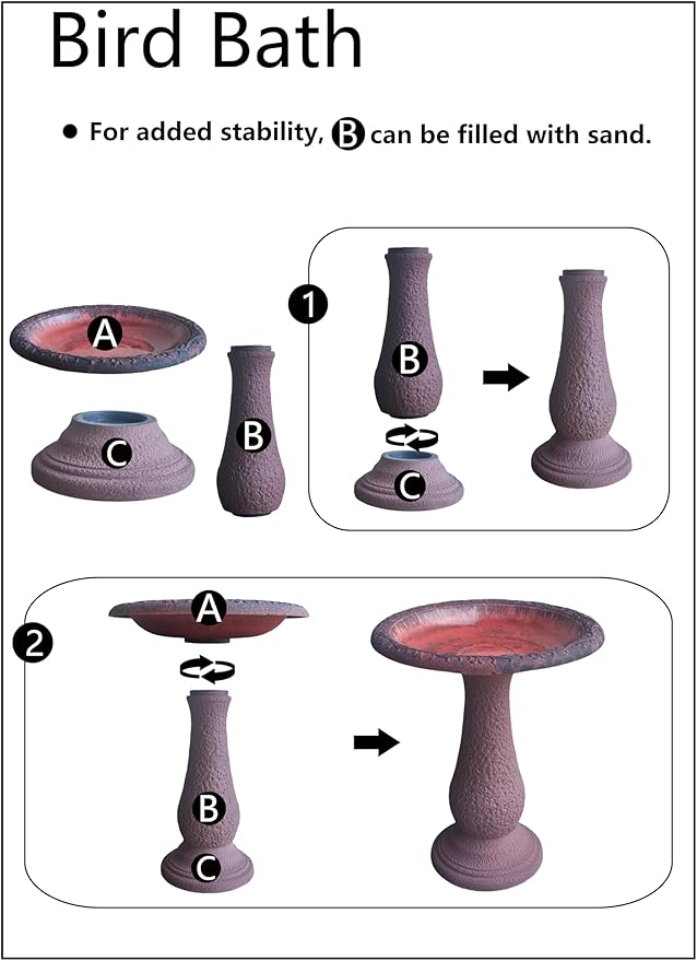 Tierra Garden Birdbath for Outdoors - 24" Terra Cotta Fiber Clay Bird Bath Bowl and Stand, Easy Assembly UV-Resistant Bird Baths for Outside, Outdoor Decor Pedestal Birdbaths, Garden Decor for Outside