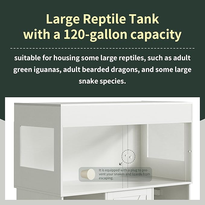 120 Gallon Terrarium with Stand, 4x2x2 Reptile Enclosure Tank for Bearded Dragons Snakes Lizards, Large Vivarium Habitat with Storage & Power Strip White PX07RTW