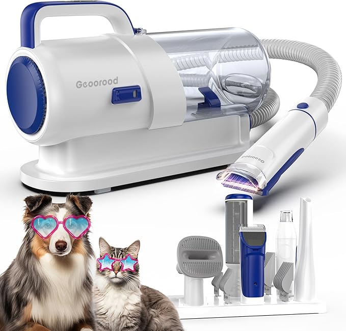 Dog Grooming Vacuum Kit, 5 in 1 Pet Hair Grooming Tools 13000Pa 2.2L Dust Cup with Clippers for Dogs Cats Shedding Brush Remover at Home Bule