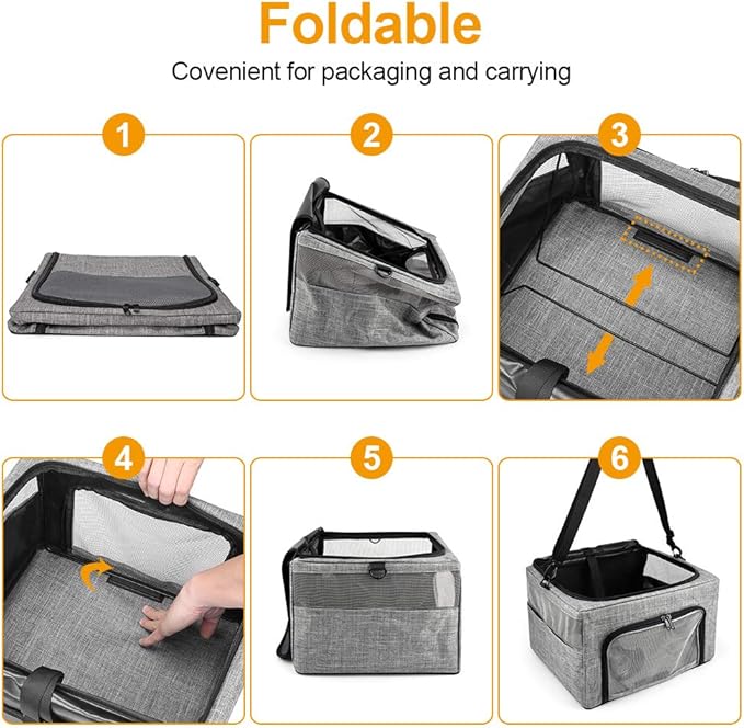 Dog Cat Car Seat, Collapsible Cat Puppy Car Carrier with Metal Frame, Travel Bag for Small Medium Pet up to 15 lbs