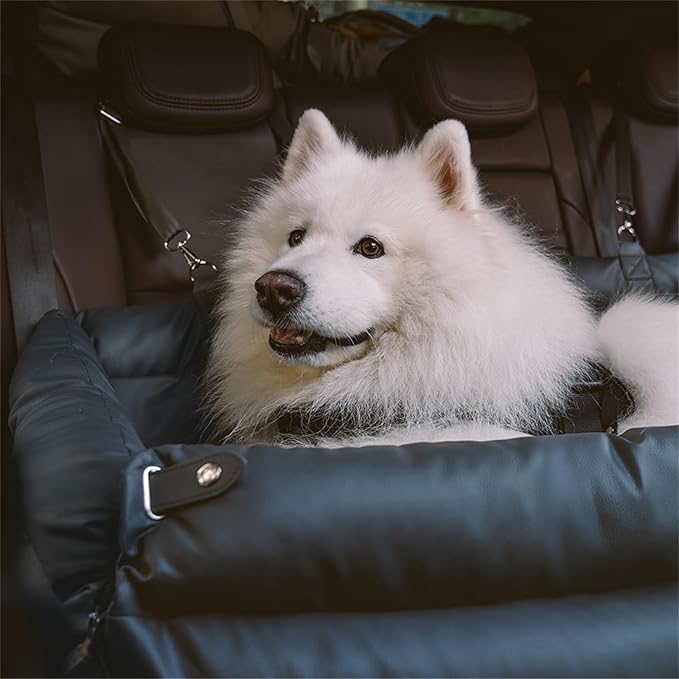 FUNNYFUZZY Dog Car Seat for Small Dogs, Waterproof Dog Car Bed with Storage Pocket, Safety Clip-On Dogs Leash, Detachable Portable Pet Carseat (Slate Blue, 37.4 * 16.5 * 17.7 inches)